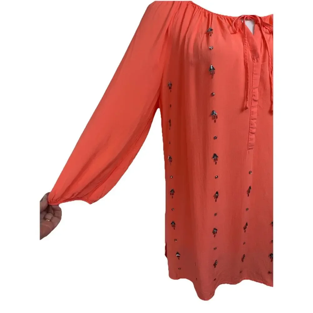 JCP Women’s Top Tunic L Coral Rhinestones 3/4 Sleeves Lightweight Flowy Beach - Picture 3 of 13